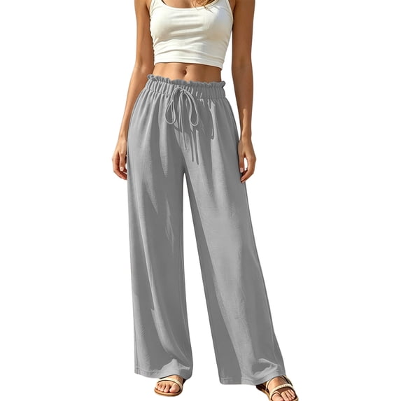 cocolona Womens Summer Casual Wide Leg Pants Ruffle Elastic Waist Drawstring Straight Travel Beach Pants with Pockets