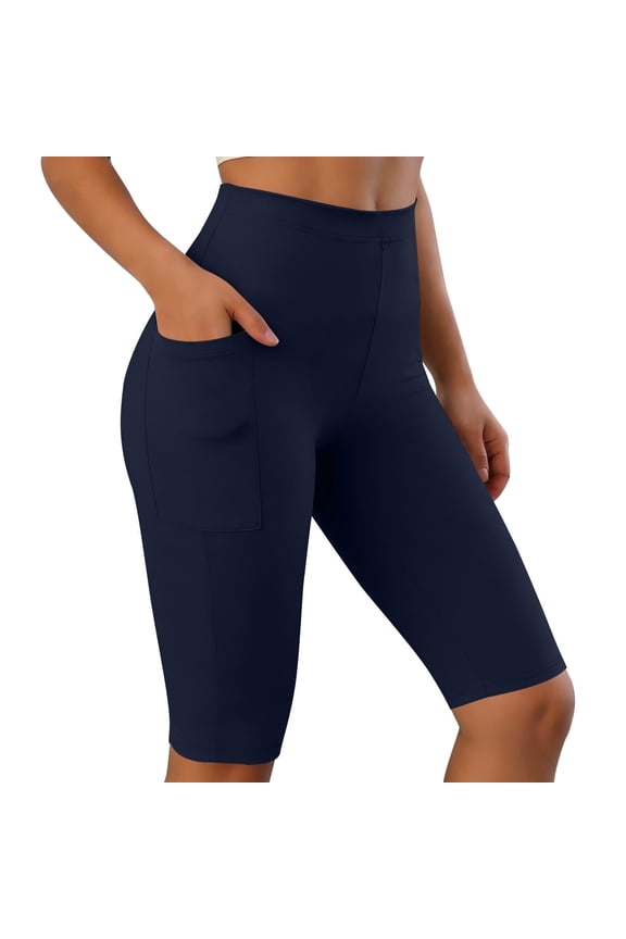 Womens Summer Casual Yoga Legging Shorts Elastic Waist Stretch Slim Knee Length Biker Shorts with Pockets