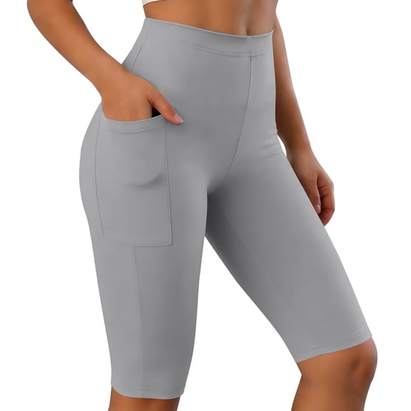 cocolona Womens Summer Casual Yoga Legging Shorts Elastic Waist Stretch Slim Knee Length Biker Shorts with Pockets