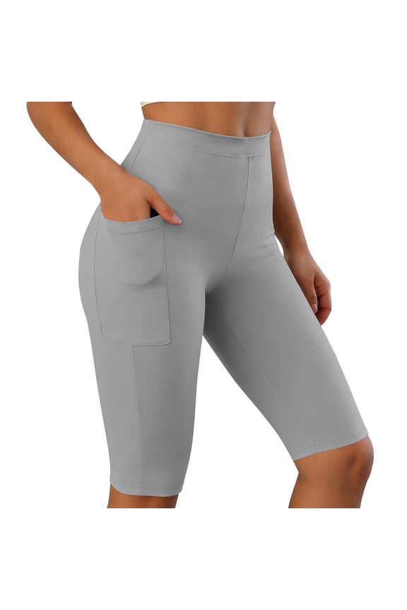 Womens Summer Casual Yoga Legging Shorts Elastic Waist Stretch Slim Knee Length Biker Shorts with Pockets