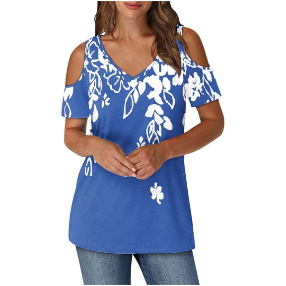 cocolona Womens Summer Cold Shoulder Tops V Neck Short Sleeve T-shirt Fashion Casual Loose Floral Print Tee Blouse