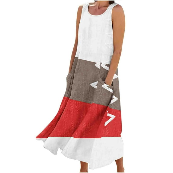 cocolona Womens Summer Color Block Long Dress Fashion Crew Neck Sleeveless Ruffle Flowy Maxi Dress Casual Loose Beach Sundress with Pockets