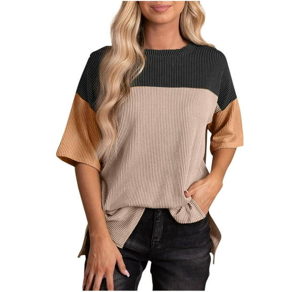 cocolona Womens Summer Color Block Tops Crew Neck Short Sleeve Side Slit Blouse Fashion Casual Loose T-shirts