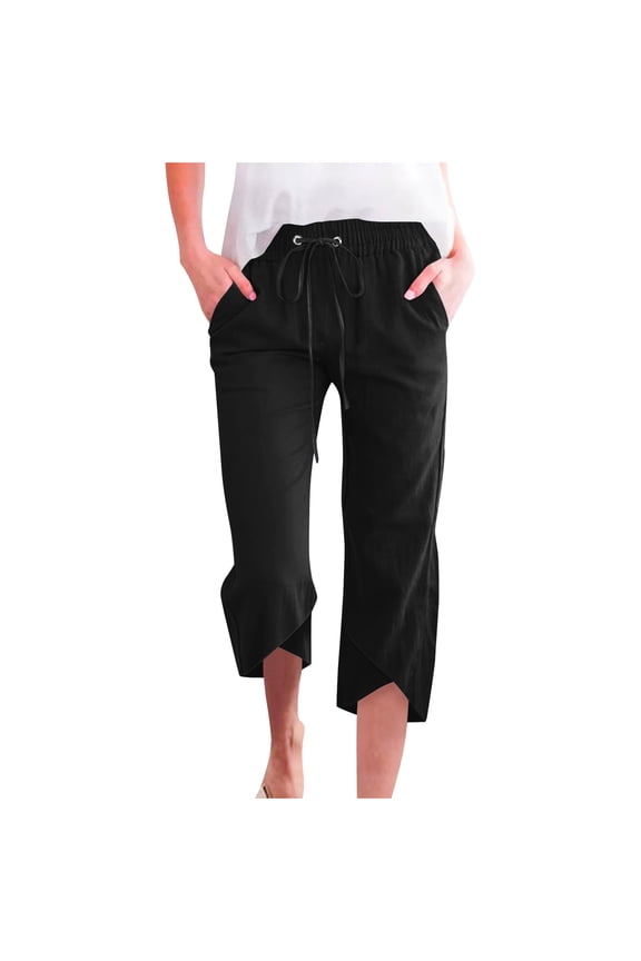 Womens Summer Cotton Linen Capri Pants Elastic Waist Drawstring Lounge Trousers Straight Ruffle Work Pants Outdoor Lightweight Hiking Pants