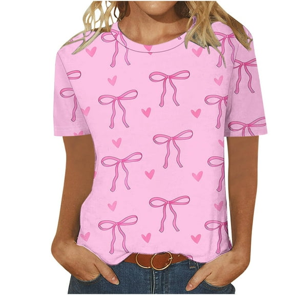 cocolona Womens Summer Crew Neck Short Sleeve Tops Fashion Casual Bow Graphic T-shirts Lightweight Comfy Tees