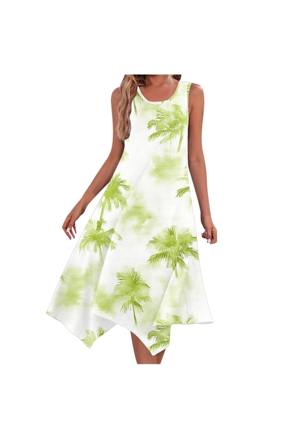 Womens Summer Crew Neck Sleeveless Tank Dress Fashion Casual Hawaiian Print Flowy Long Dress Holiday Beach Sundress