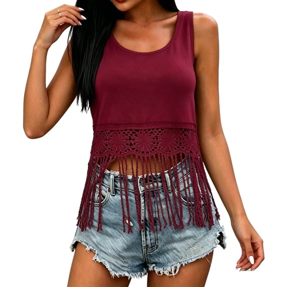 cocolona Womens Summer Crochet Tank Tops Crew Neck Sleeveless Lace Fringe Hem Shirts Casual Solid Color Flowy Blouses
