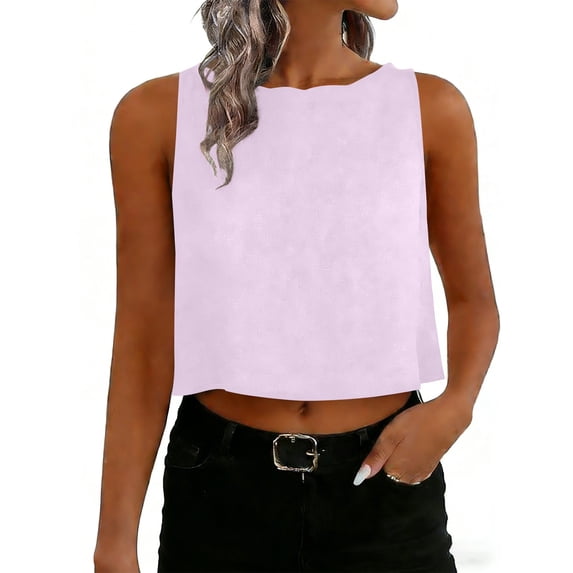 cocolona Womens Summer Crop Tank Tops Crew Neck Sleeveless Button Linen Shirts Fashion Solid Color Casual Blouses