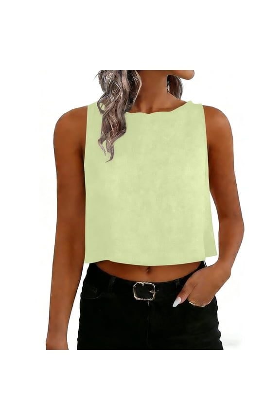 Womens Summer Crop Tank Tops Crew Neck Sleeveless Button Linen Shirts Fashion Solid Color Casual Blouses