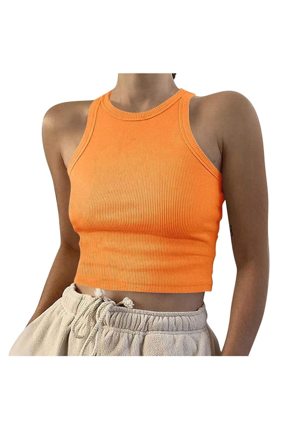 Womens Summer Crop Tank Tops Sleeveless Crew Neck Ribbed Slim T-shirts
