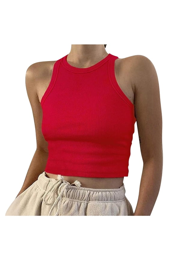 Womens Summer Crop Tank Tops Sleeveless Crew Neck Ribbed Slim T-shirts