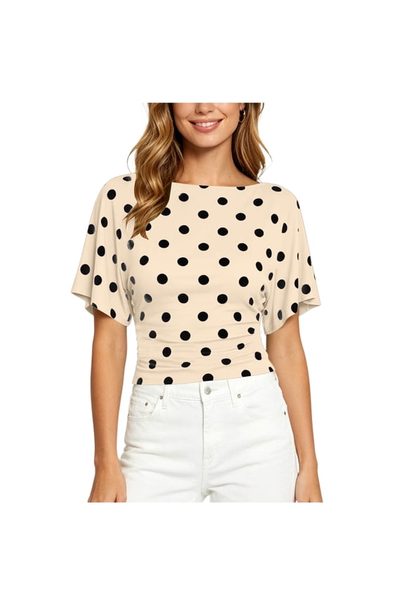 Womens Summer Crop Tops Crew Neck Short Sleeve Back-Strapped Polka Dots Printed Shirts Casual Trendy Blouses