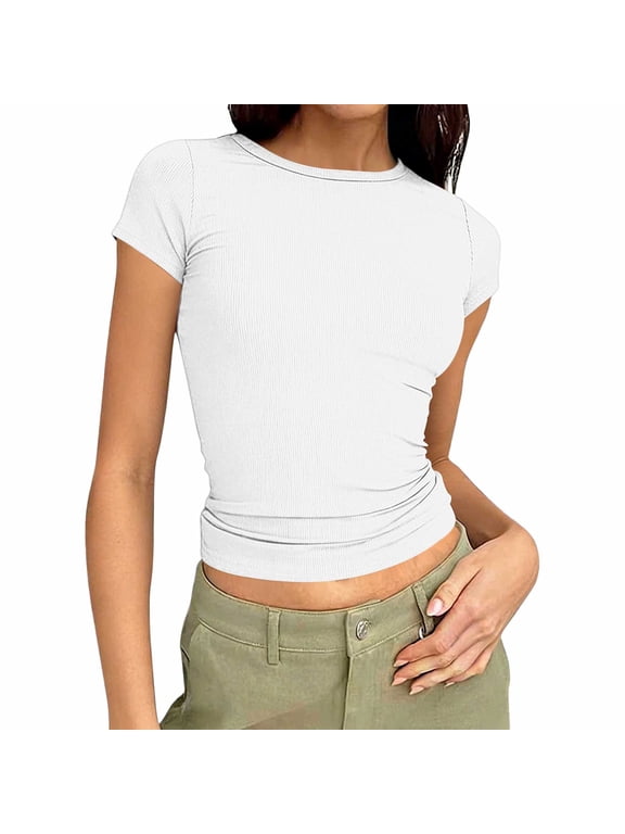Womens Summer Crop Tops Short Sleeve Crew Neck Ribbed Slim Tight T-shirts Fashion Casual Blouses Basic Tees