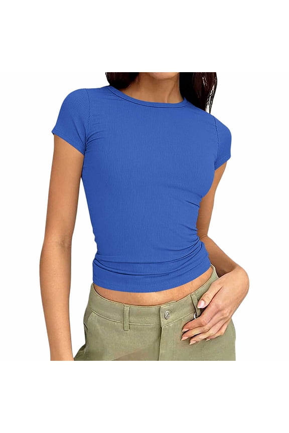 Womens Summer Crop Tops Short Sleeve Crew Neck Ribbed Slim Tight T-shirts Fashion Casual Blouses Basic Tees