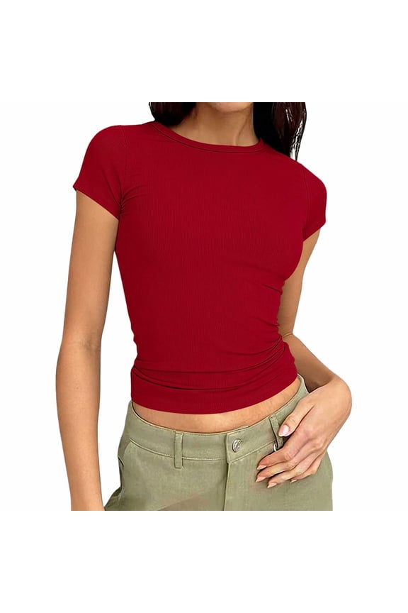 Womens Summer Crop Tops Short Sleeve Crew Neck Ribbed Slim Tight T-shirts Fashion Casual Blouses Basic Tees