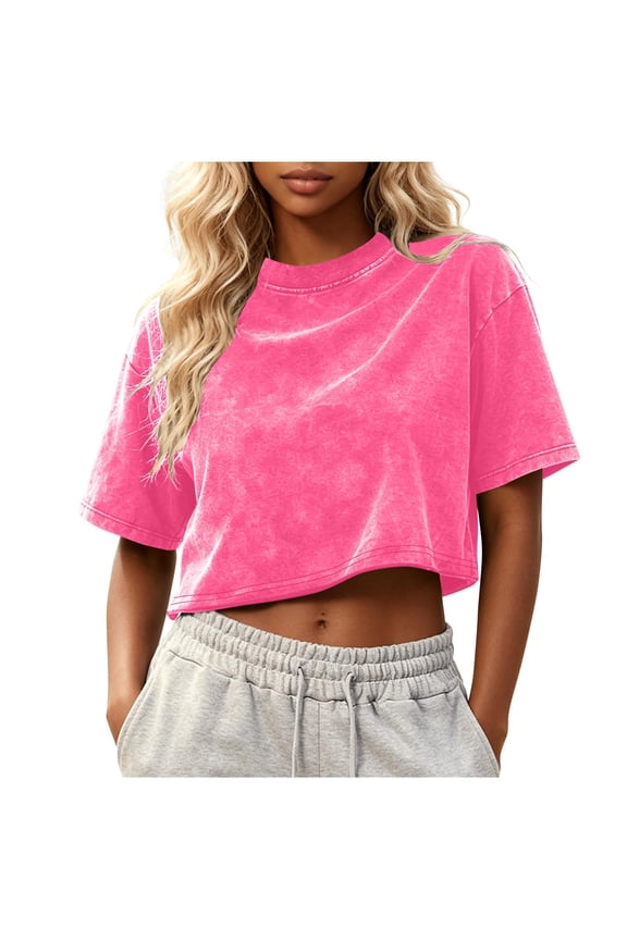 Womens Summer Distressed Wash Tops Crew Neck Short Sleeve Shirts Solid Color Crop Tees Dressy Casual Basic Tees Blouses