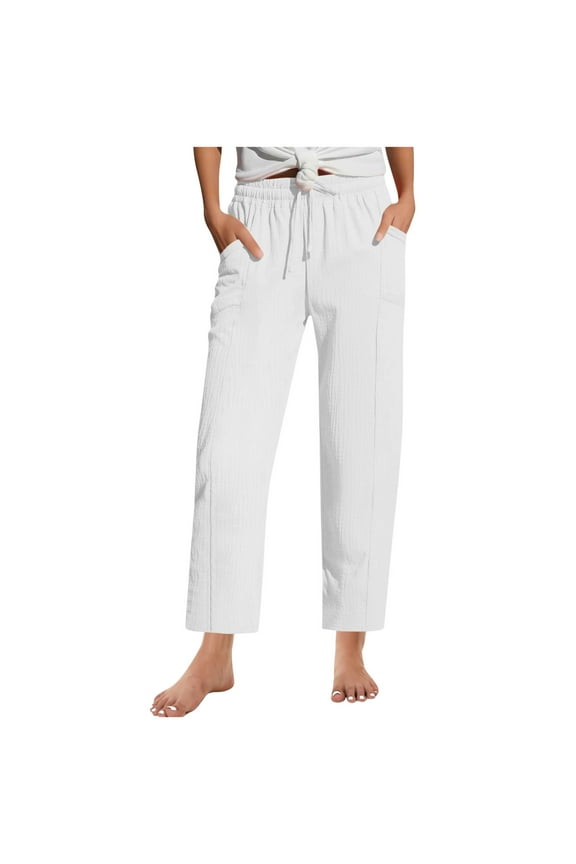 Womens Summer Drawstring Pants with Pockets Fashion Casual Loose Cropped Pants Lounge Trousers Beach Vacation Clothes