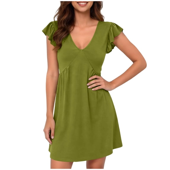 cocolona Womens Summer Dresses V Neck Ruffle Sleeve Pleated Mini Dress Casual Loose Vacation Beach Sun Dress