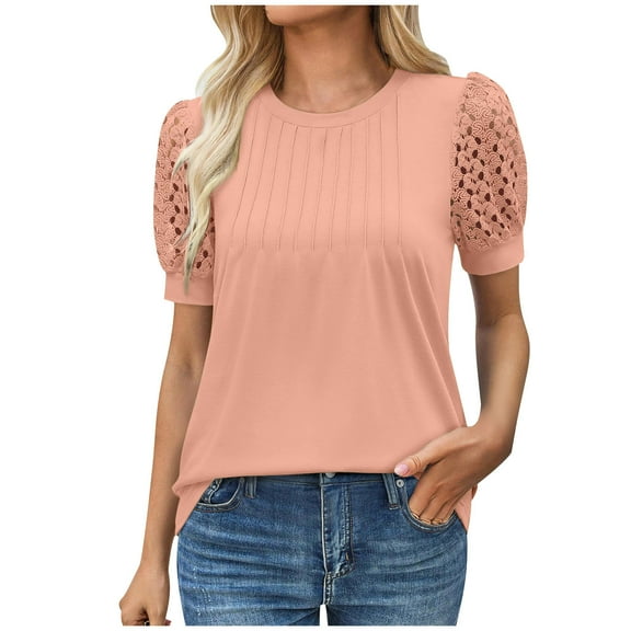 cocolona Womens Summer Dressy Casual Blouses Crew Neck Lace Hollow Short Sleeve Tops Casual Loose Front Pleated T-shirts