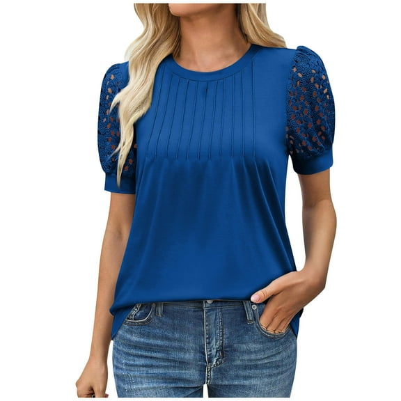 cocolona Womens Summer Dressy Casual Blouses Crew Neck Lace Hollow Short Sleeve Tops Casual Loose Front Pleated T-shirts