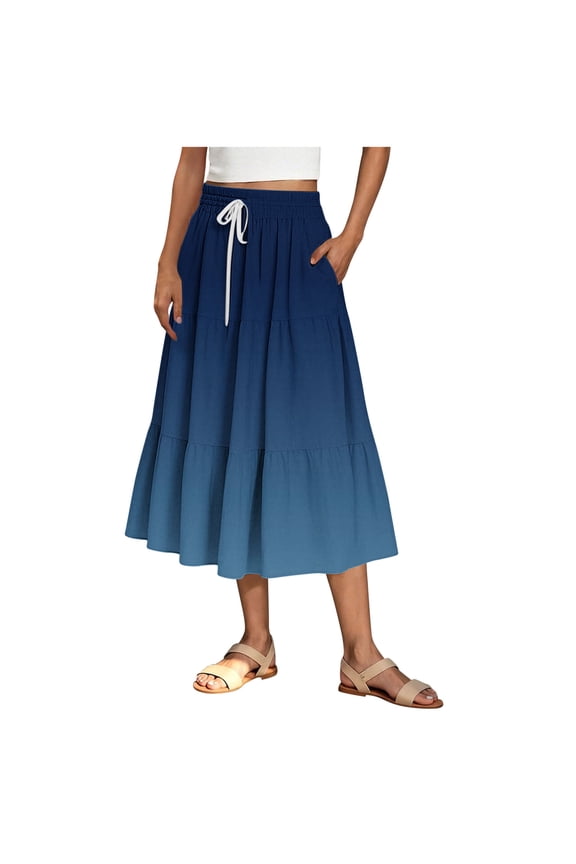 Womens Summer Gradient Print Long Skirts Elastic Waist Drawstring Pleated Flowy Midi Skirts Beach Vacation Skirts for Women Dark Blue XXL