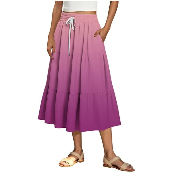 cocolona Womens Summer Gradient Print Long Skirts Elastic Waist Drawstring Pleated Flowy Midi Skirts Beach Vacation Skirts for Women XXL