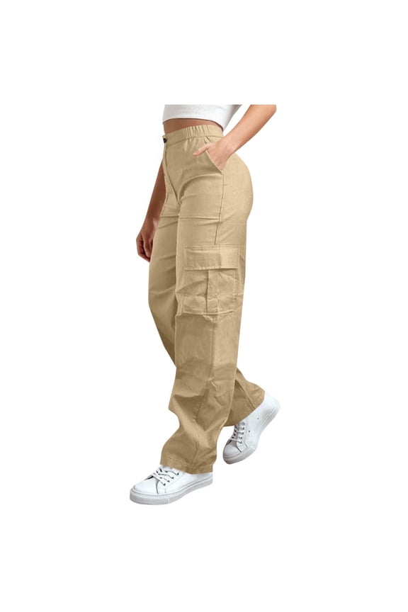 Womens Summer High Waist Cargo Pants Elastic Waist Straight Wide Leg Outdoor Hiking Trousers with Pockets