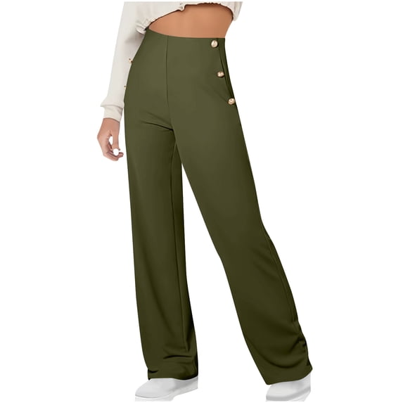 cocolona Womens Summer High Waist Casual Business Dress Pants Elastic Button Waist Straight Wide Leg Work Pants with Pocket