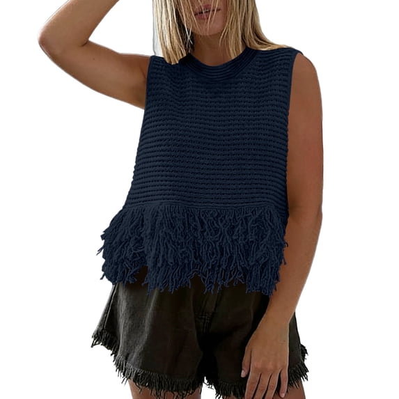 cocolona Womens Summer Kintted Tank Tops Crew Neck Sleeveless Fringed Hem Shirts Trendy Casual Solid Color Blouses