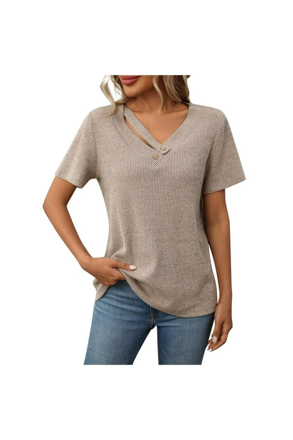 Womens Summer Knit Tops Button V Neck Short Sleeve Ribbed T-shirts Casual Loose Solid Color Tees Blouse