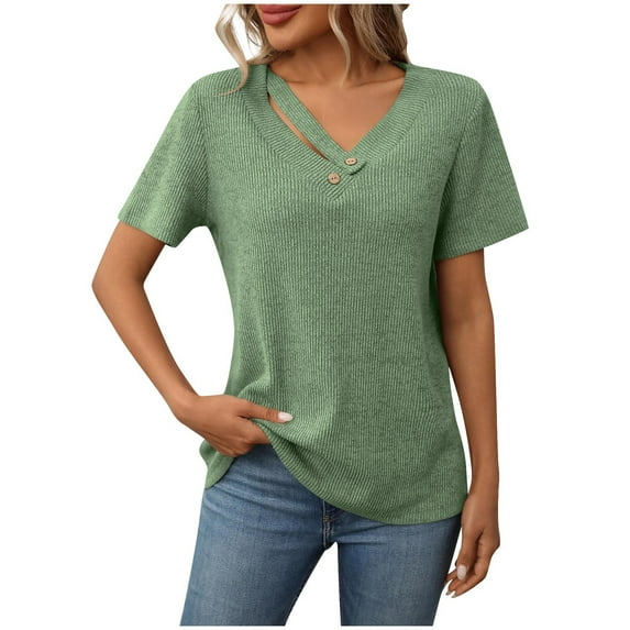cocolona Womens Summer Knit Tops Button V Neck Short Sleeve Ribbed T-shirts Casual Loose Solid Color Tees Blouse