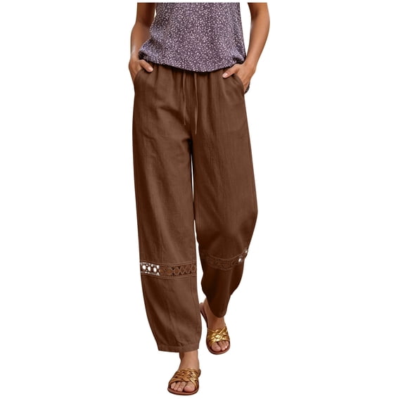 cocolona Womens Summer Lace Hollow Out Linen Pants Elastic Waist Straight Wide Leg Vacation Beach Trousers with Pocket