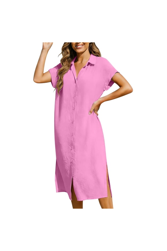 Womens Summer Linen Button Shirts Dress Fashion Casual Solid Color Short Sleeve Slit Midi Dress Vacation Beach Sun Dress