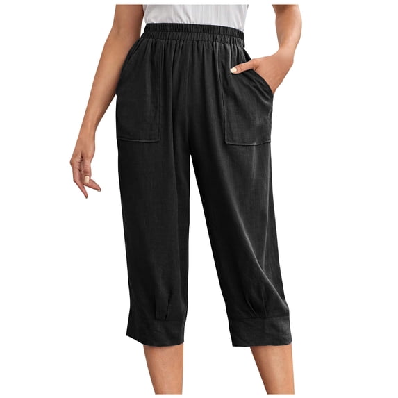 cocolona Womens Summer Linen Capri Pants Elastic Waist Loose Cropped Pants Casual Solid Color Straight Wide Leg Trousers with Pocket