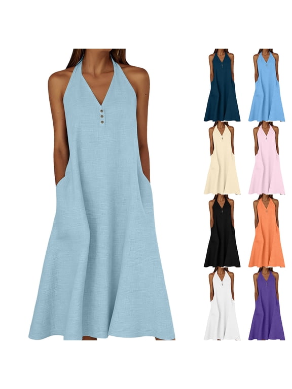 Womens Summer Linen Dress Halter Neck Backless Ruffle Flowy Long Dress Beach Vacation Casual Sundress