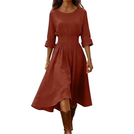cocolona Womens Summer Linen Dress Long Sleeve Crew Neck Ruffle Flowy Long Dress Fashion Casual Solid Color Sun Dress