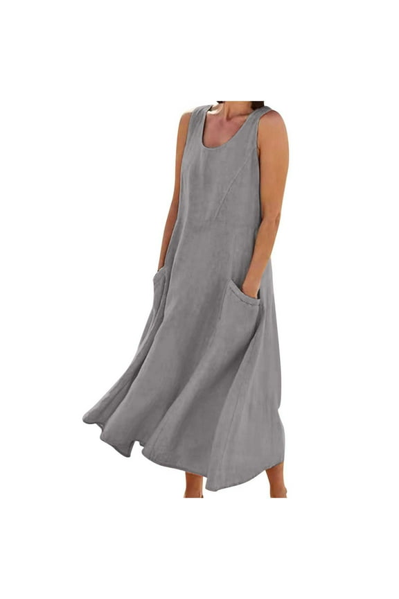 Women's Summer Linen Dress Fashion Crew Neck Sleeveless Long Dress Solid Casual Loose Holiday Beach Sundress