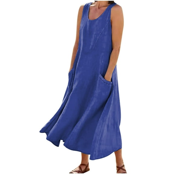 cocolona Womens Summer Linen Dress Sleeveless Casual Tank Long Dress Beach Solid Color Loose Sundress with Pockets