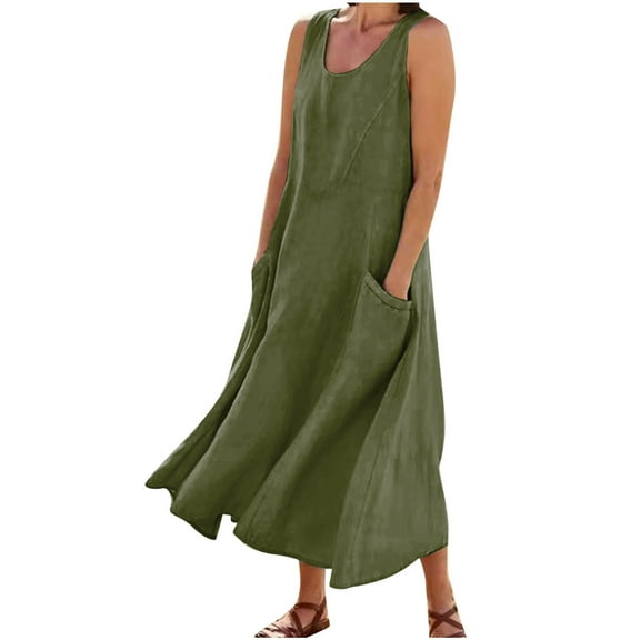 cocolona Womens Summer Linen Dress Sleeveless Casual Tank Long Dress Beach Solid Color Loose Sundress with Pockets