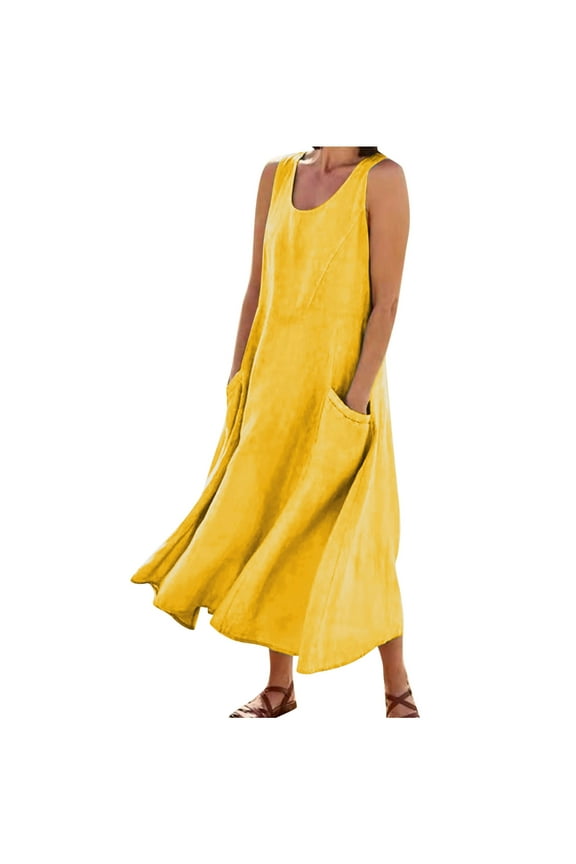 Womens Summer Linen Dress Sleeveless Casual Tank Long Dress Beach Solid Color Loose Sundress with Pockets