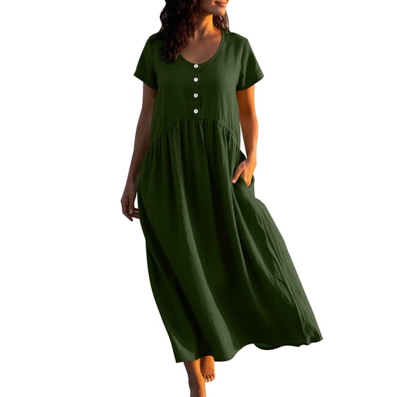 cocolona Womens Summer Linen Maxi Dress Button V Neck Short Sleeve Ruffle Flowy Long Dress Loose Vacation Beach Sun Dress with Pockets