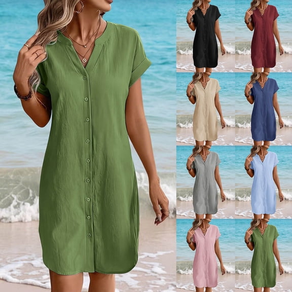 cocolona Womens Summer Linen Shirt Dress Button V-Neck Short Sleeve Mini Dress Vacation Beach Sun Dress