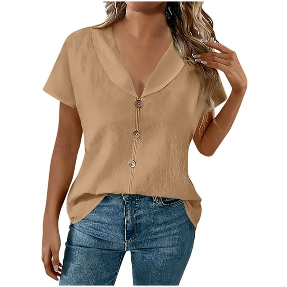 cocolona Womens Summer Linen Shirts Fashion Solid Color Short Sleeve Button V Neck Tops Casual Loose Fit Blouses