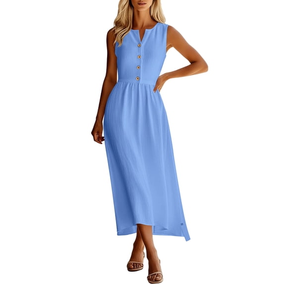 cocolona Womens Summer Linen Sleeveless Tank Dress Button V Neck Flowy Long Maxi Dress Casual Solid Color Vacation Beach Sundress
