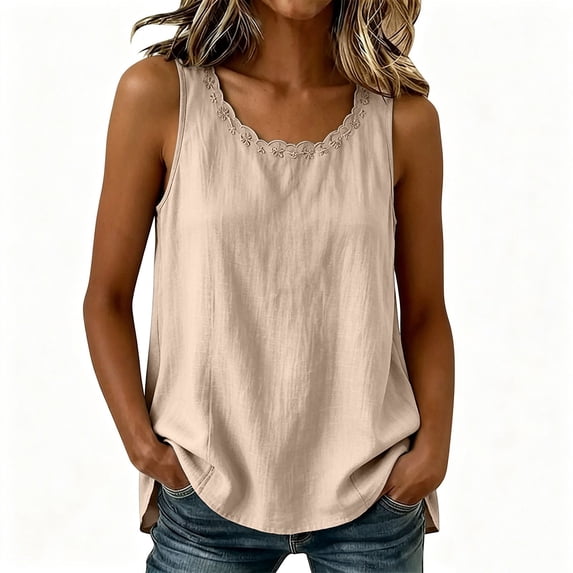 cocolona Womens Summer Linen Solid Color Tank Tops Embroidered Crew Neck Sleeveless Shirts Cute Vacation Blouses