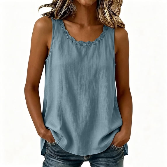 cocolona Womens Summer Linen Solid Color Tank Tops Embroidered Crew Neck Sleeveless Shirts Cute Vacation Blouses