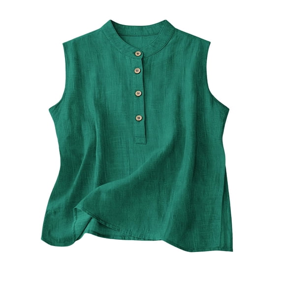 cocolona Womens Summer Linen Tank Tops Button Crew Neck Sleeveless Shirts Casual Solid Color Lightweight Blouses
