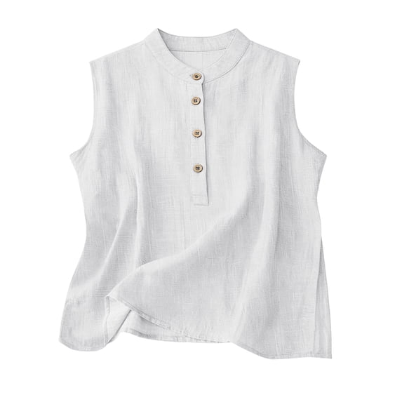 cocolona Womens Summer Linen Tank Tops Button Crew Neck Sleeveless Shirts Casual Solid Color Lightweight Blouses