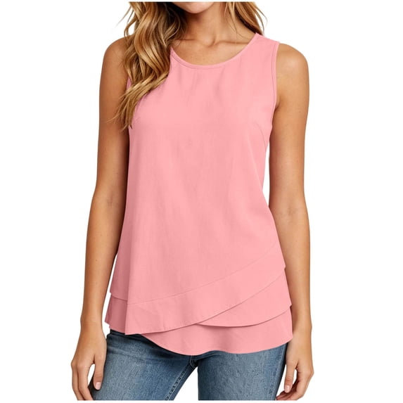 cocolona Womens Summer Linen Tank Tops Crew Neck Sleeveless Ruffle Hem Shirts Dressy Casual Tunic Solid Color Blouses