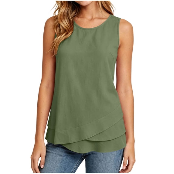 cocolona Womens Summer Linen Tank Tops Crew Neck Sleeveless Ruffle Hem Shirts Dressy Casual Tunic Solid Color Blouses